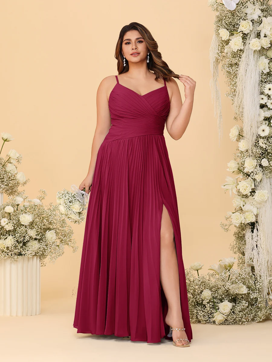 A-Line/Princess Spaghetti Straps Sleeveless Ruched Bridesmaid Dresses with Side Slit - Image 71