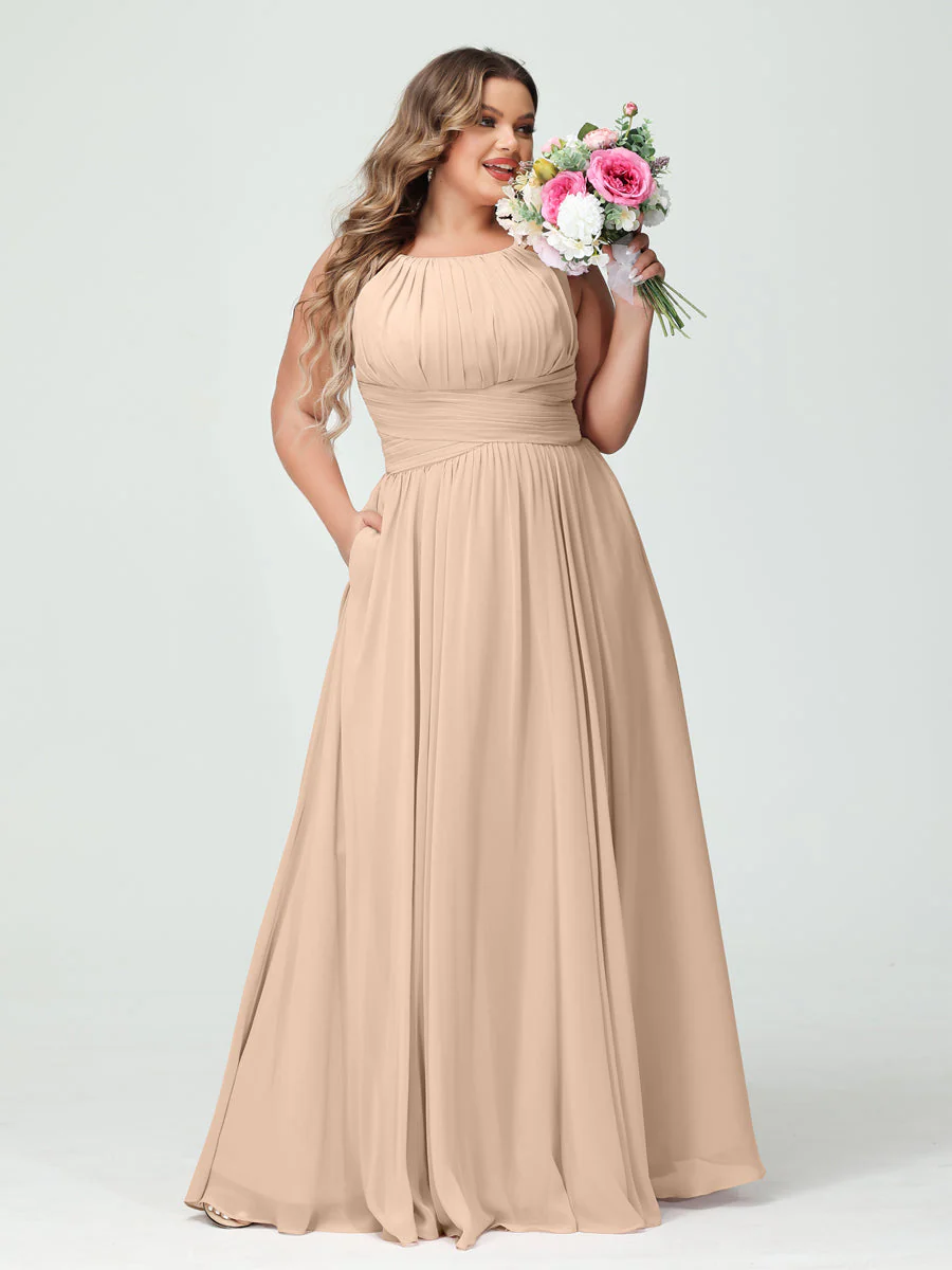 A-Line/Princess Spaghetti Straps Sleeveless Chiffon Ruched Plus Size Bridesmaid Dresses with Pockets - Image 29