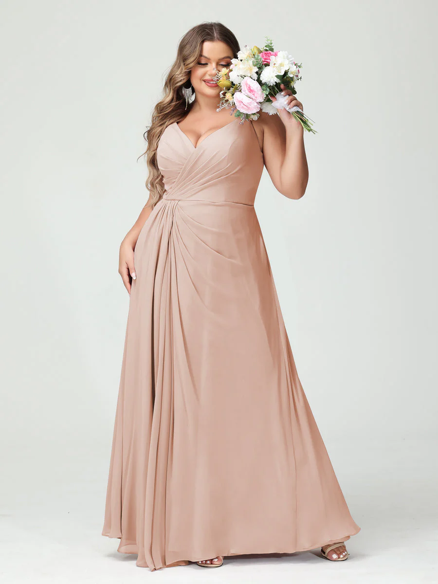 A-Line/Princess Spaghetti Straps Sleeveless Chiffon Split Side Plus Size Bridesmaid Dresses with Pockets - Image 28
