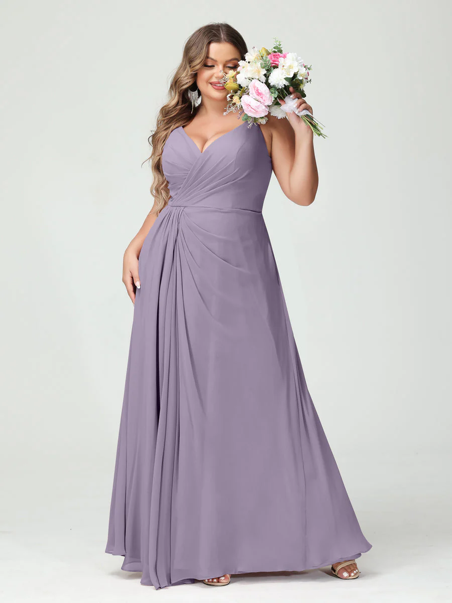 A-Line/Princess Spaghetti Straps Sleeveless Chiffon Split Side Plus Size Bridesmaid Dresses with Pockets - Image 39