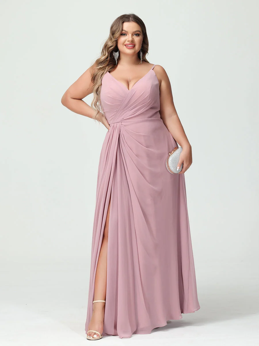 A-Line/Princess Spaghetti Straps Sleeveless Chiffon Split Side Plus Size Bridesmaid Dresses with Pockets - Image 4