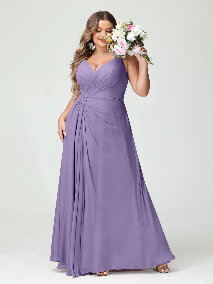 A-Line/Princess Spaghetti Straps Sleeveless Chiffon Split Side Plus Size Bridesmaid Dresses with Pockets - Image 41