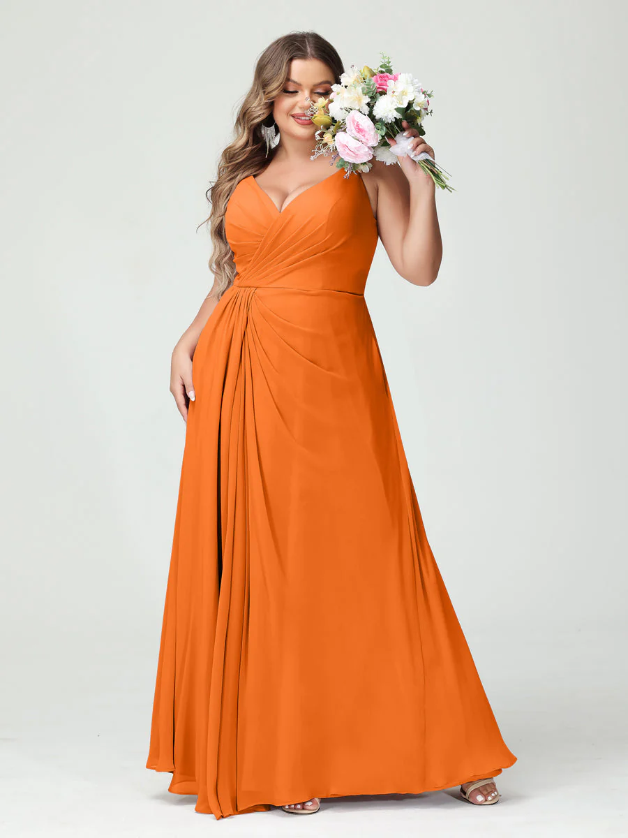 A-Line/Princess Spaghetti Straps Sleeveless Chiffon Split Side Plus Size Bridesmaid Dresses with Pockets - Image 72