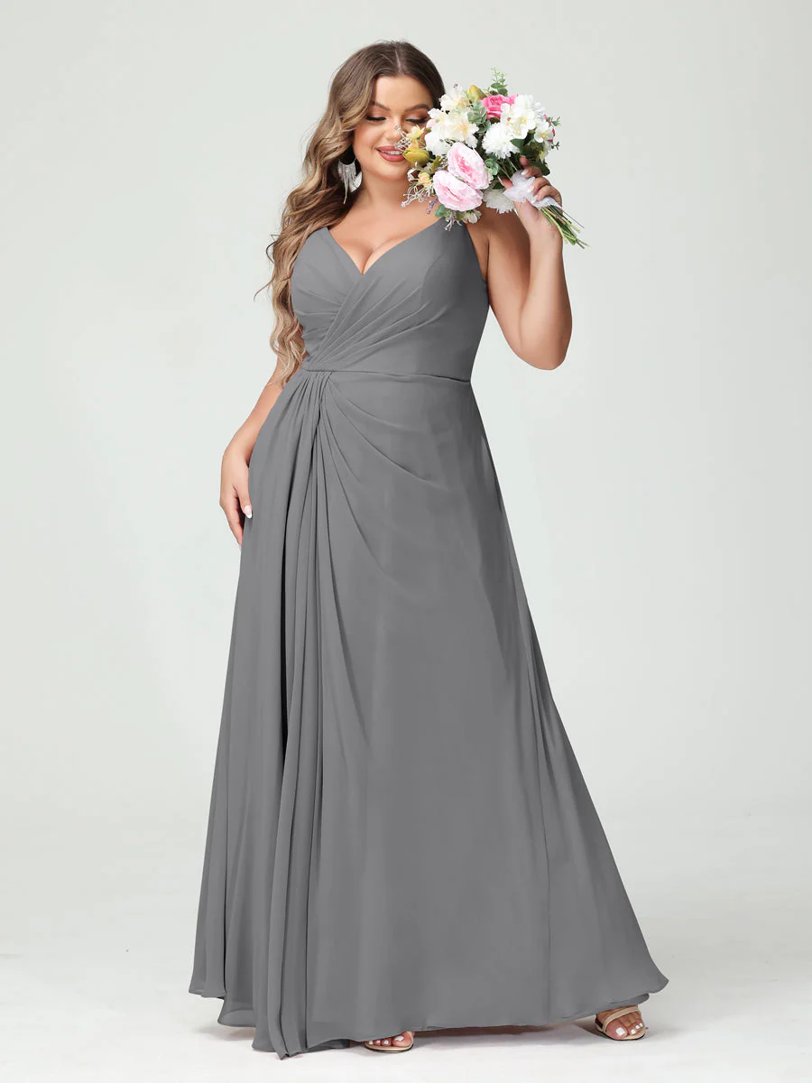 A-Line/Princess Spaghetti Straps Sleeveless Chiffon Split Side Plus Size Bridesmaid Dresses with Pockets - Image 75