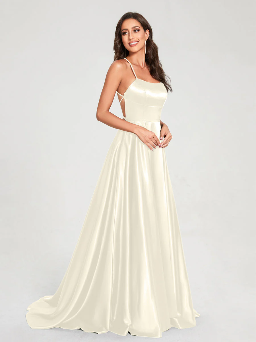 A-Line/Princess Spaghetti Straps Sleeveless Floor-Length Split Side Backless Bridesmaid Dresses - Image 16