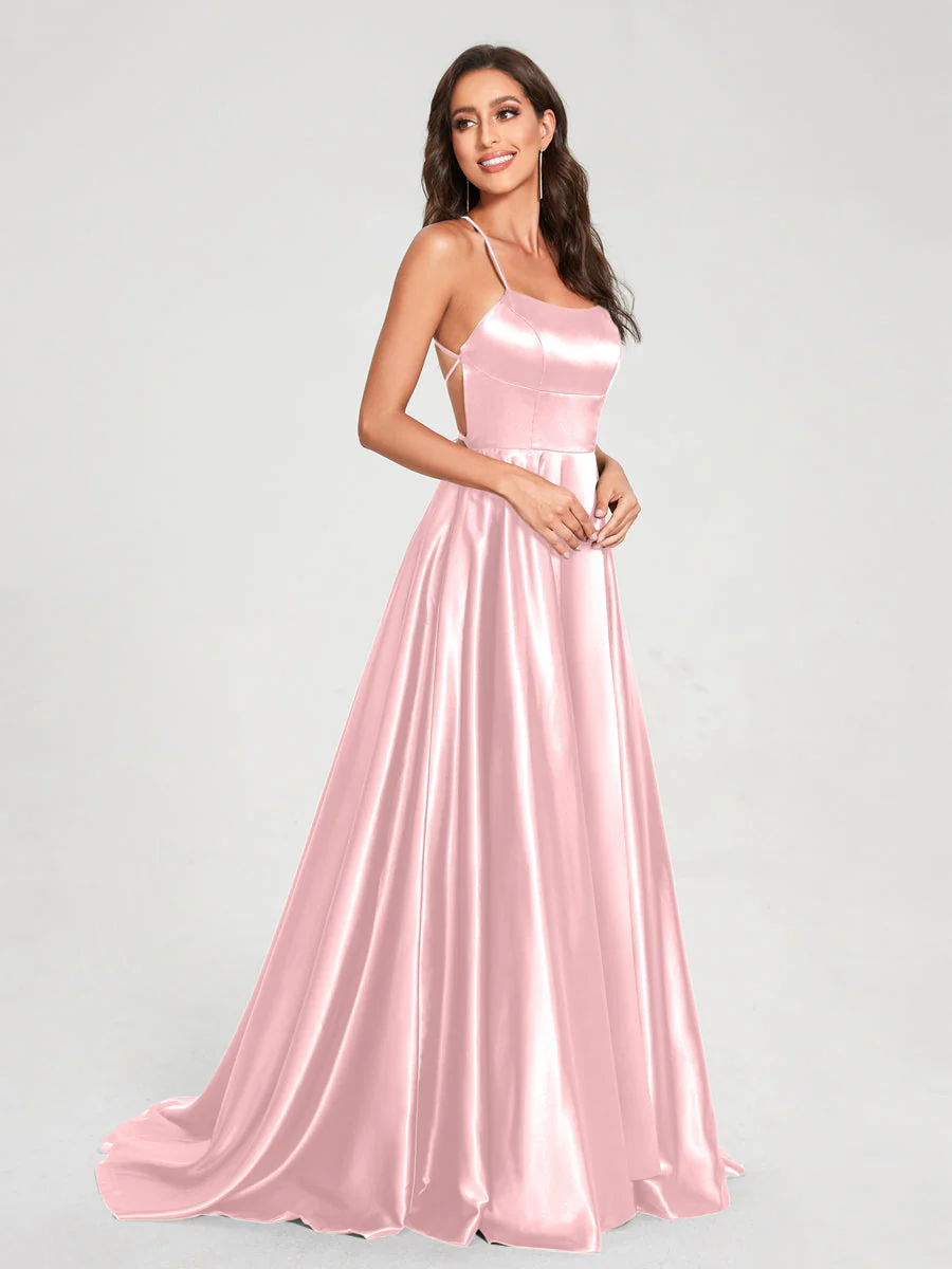 A-Line/Princess Spaghetti Straps Sleeveless Floor-Length Split Side Backless Bridesmaid Dresses - Image 22