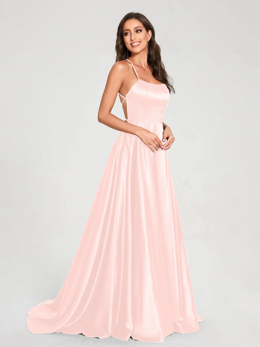 A-Line/Princess Spaghetti Straps Sleeveless Floor-Length Split Side Backless Bridesmaid Dresses - Image 23