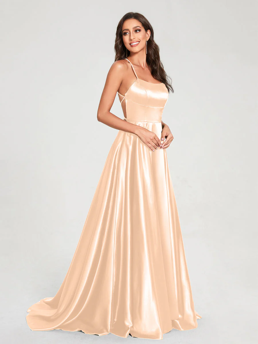 A-Line/Princess Spaghetti Straps Sleeveless Floor-Length Split Side Backless Bridesmaid Dresses - Image 24