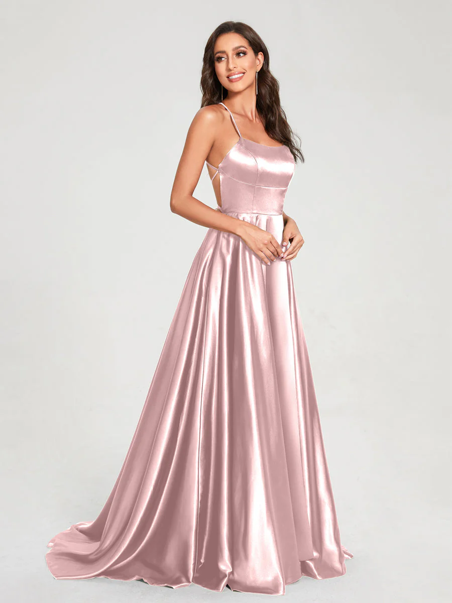 A-Line/Princess Spaghetti Straps Sleeveless Floor-Length Split Side Backless Bridesmaid Dresses - Image 25
