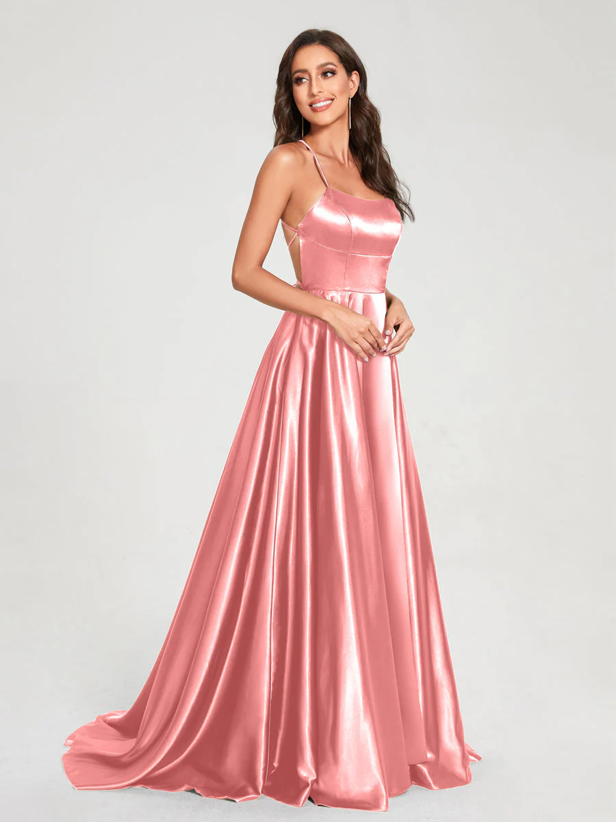 A-Line/Princess Spaghetti Straps Sleeveless Floor-Length Split Side Backless Bridesmaid Dresses - Image 27