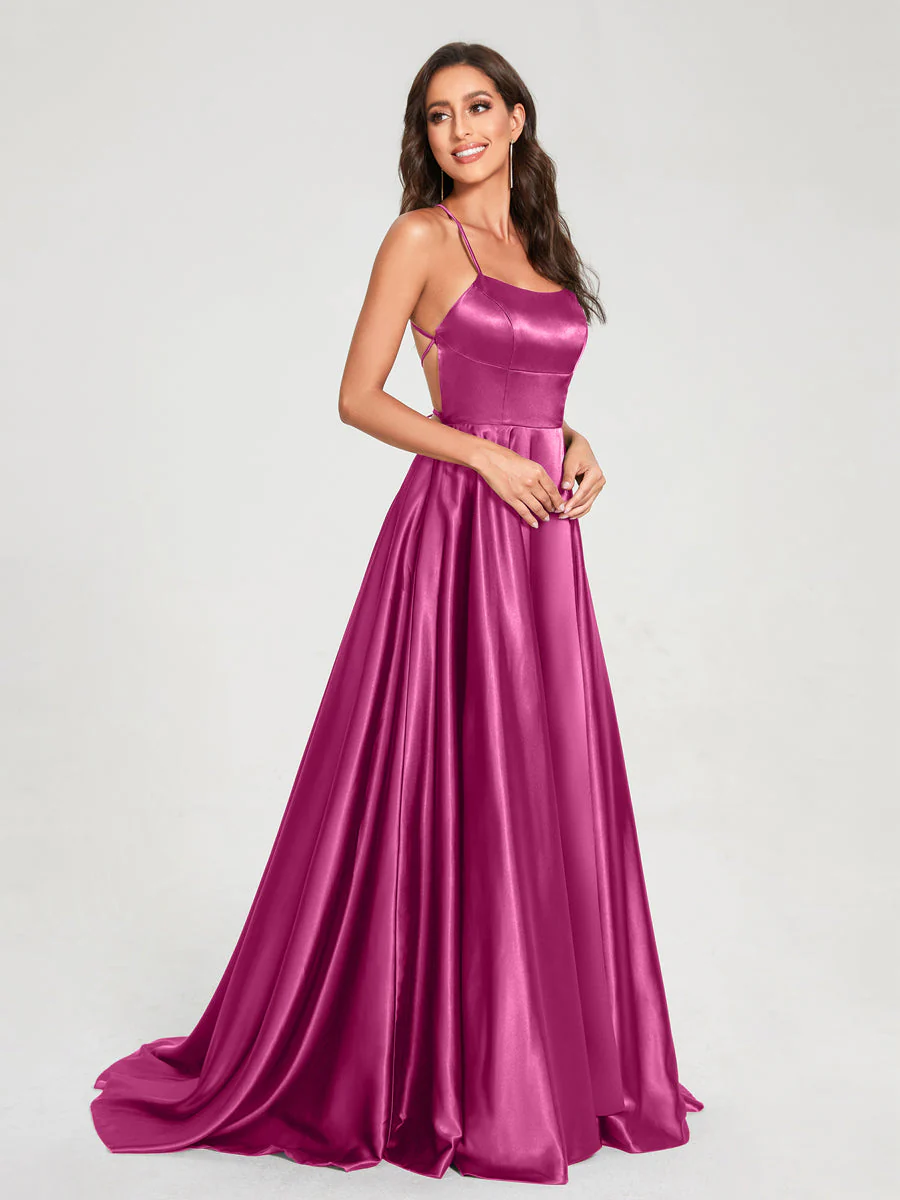 A-Line/Princess Spaghetti Straps Sleeveless Floor-Length Split Side Backless Bridesmaid Dresses - Image 28