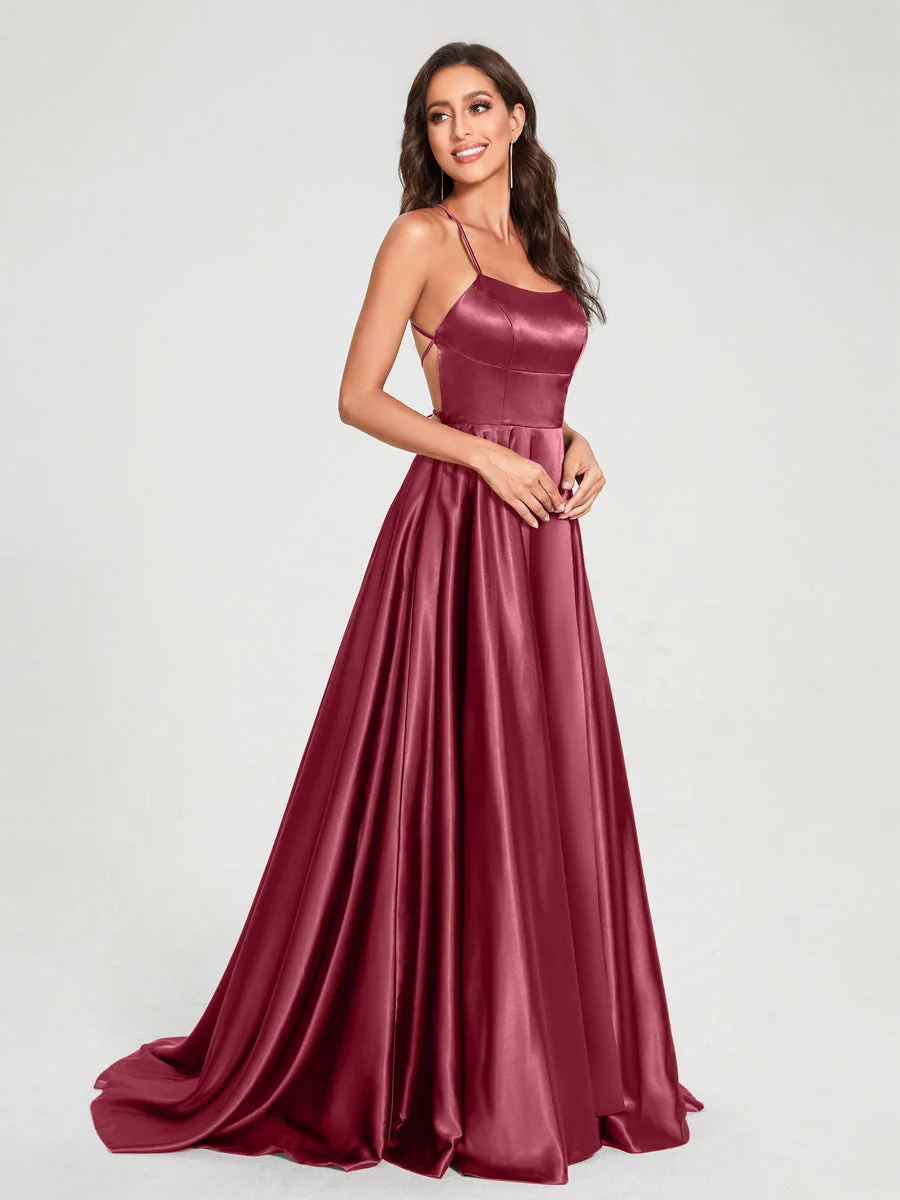 A-Line/Princess Spaghetti Straps Sleeveless Floor-Length Split Side Backless Bridesmaid Dresses - Image 30