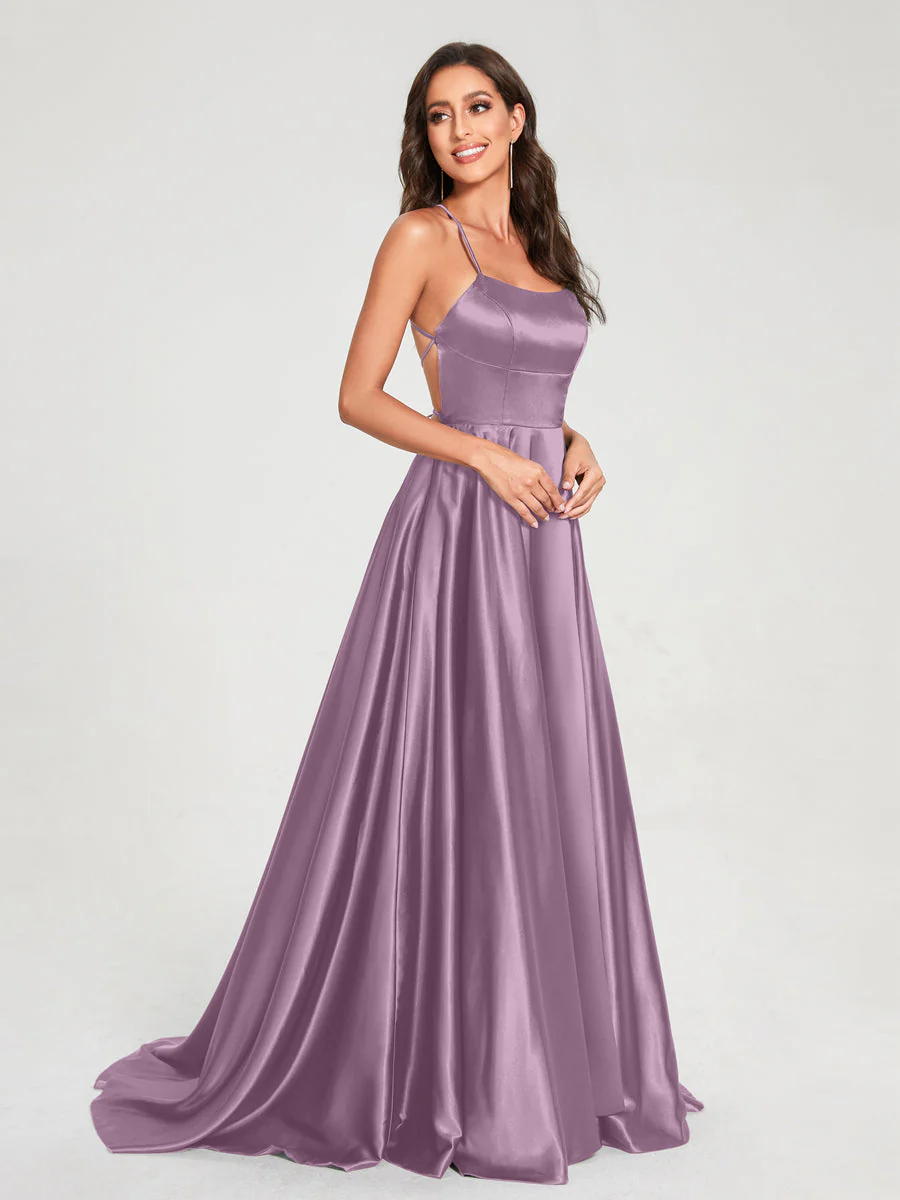 A-Line/Princess Spaghetti Straps Sleeveless Floor-Length Split Side Backless Bridesmaid Dresses - Image 31