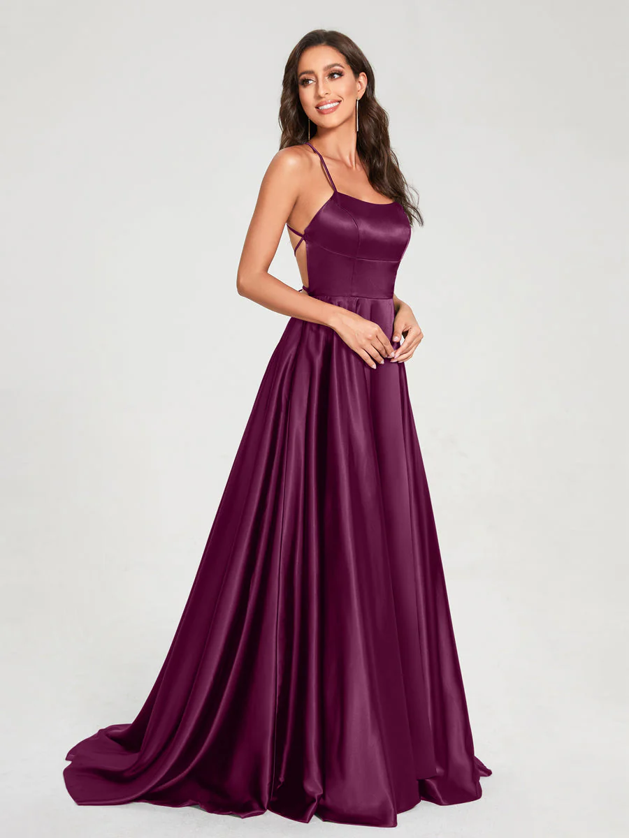 A-Line/Princess Spaghetti Straps Sleeveless Floor-Length Split Side Backless Bridesmaid Dresses - Image 34