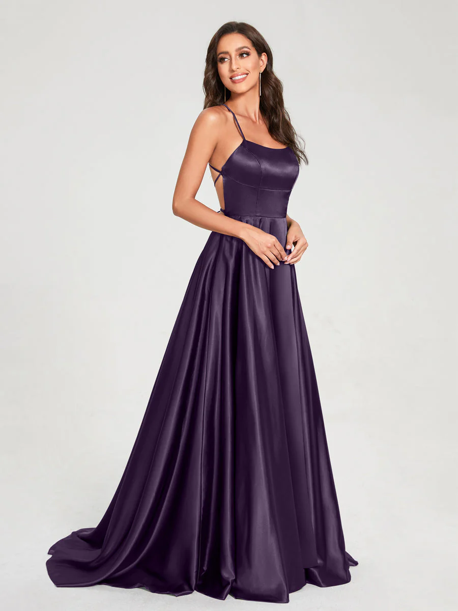 A-Line/Princess Spaghetti Straps Sleeveless Floor-Length Split Side Backless Bridesmaid Dresses - Image 35