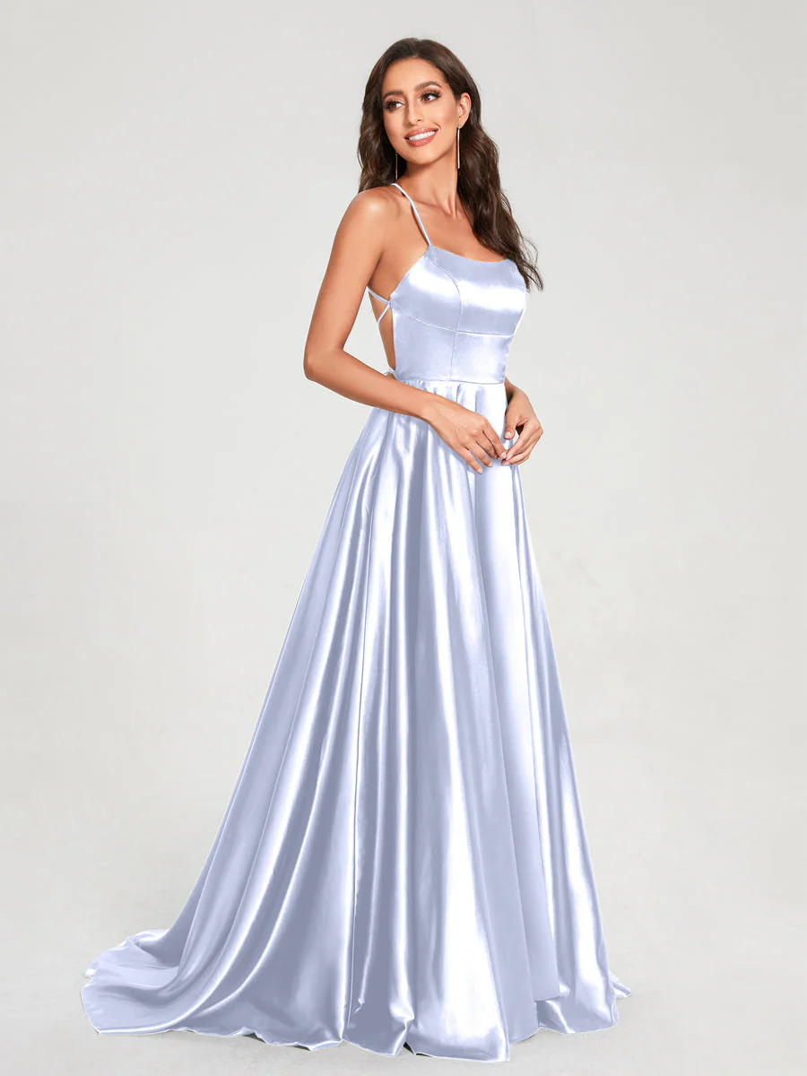A-Line/Princess Spaghetti Straps Sleeveless Floor-Length Split Side Backless Bridesmaid Dresses - Image 38