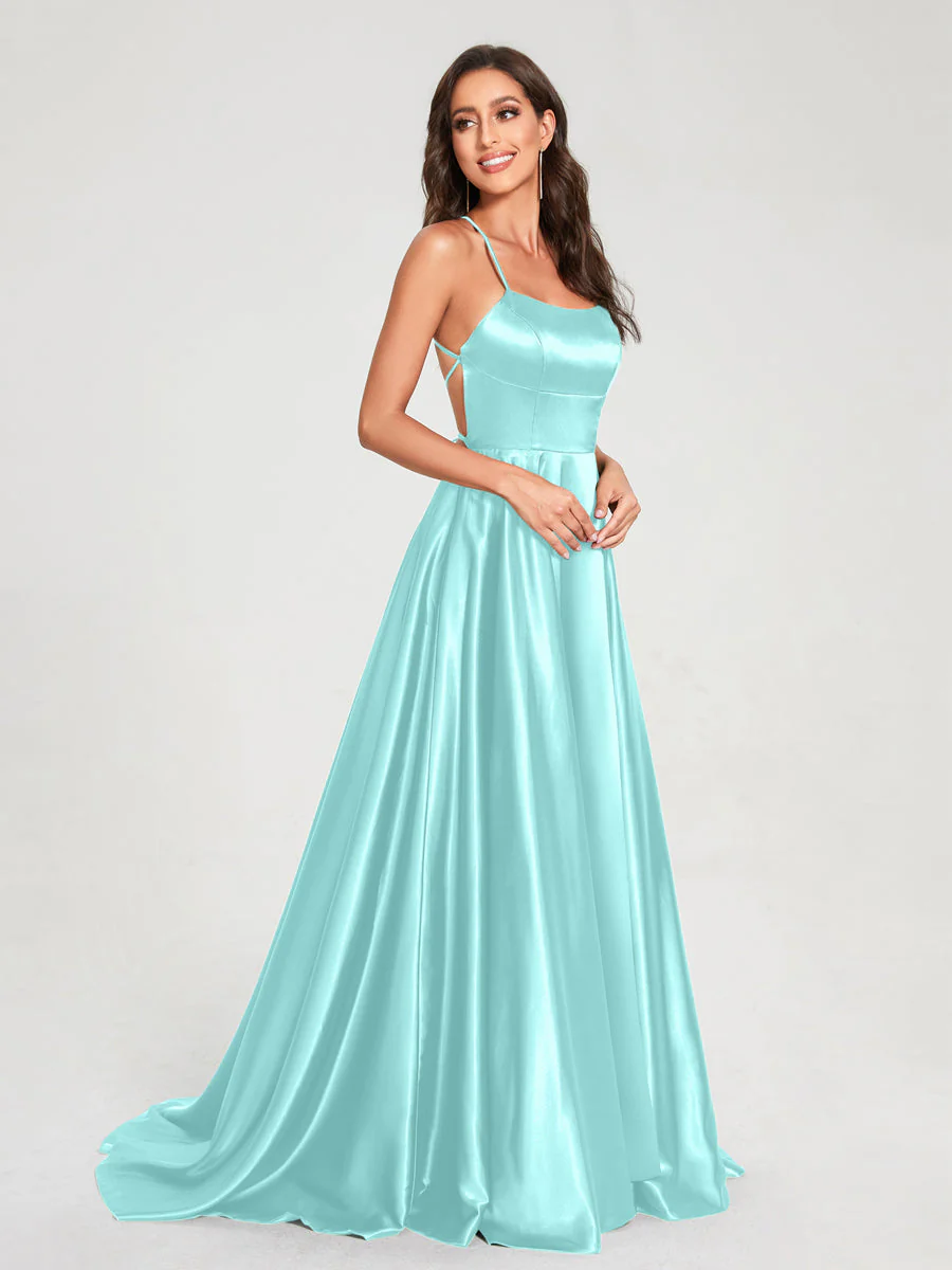 A-Line/Princess Spaghetti Straps Sleeveless Floor-Length Split Side Backless Bridesmaid Dresses - Image 39