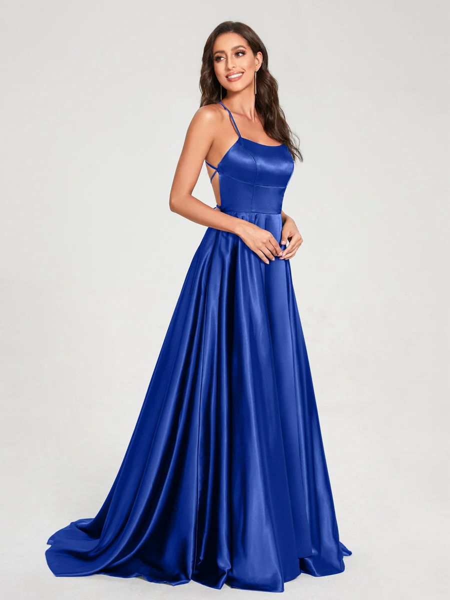 A-Line/Princess Spaghetti Straps Sleeveless Floor-Length Split Side Backless Bridesmaid Dresses - Image 42