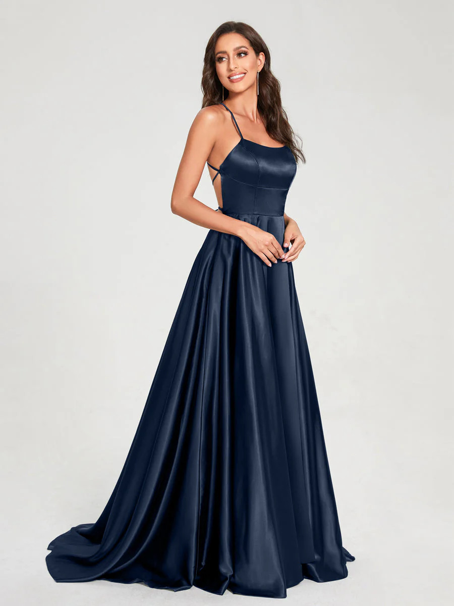 A-Line/Princess Spaghetti Straps Sleeveless Floor-Length Split Side Backless Bridesmaid Dresses - Image 44