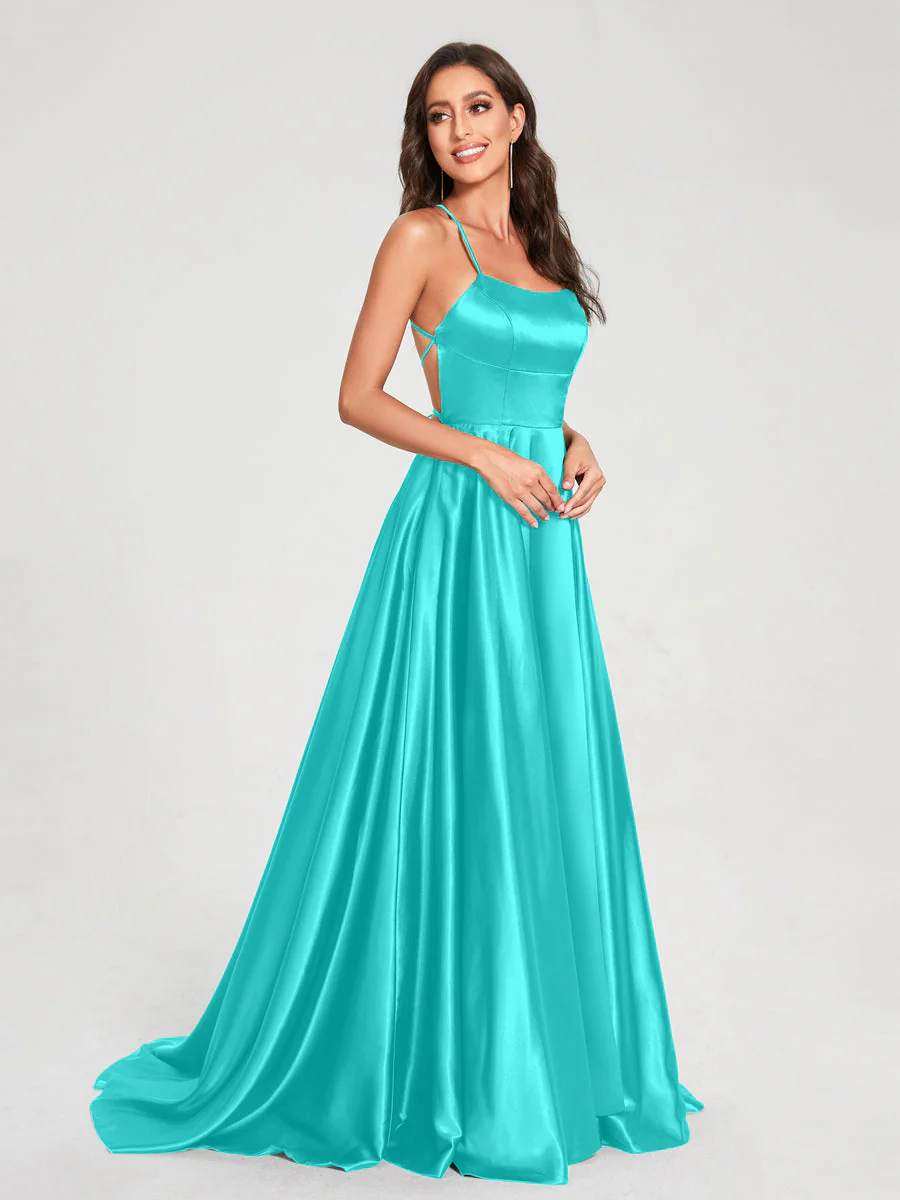 A-Line/Princess Spaghetti Straps Sleeveless Floor-Length Split Side Backless Bridesmaid Dresses - Image 47