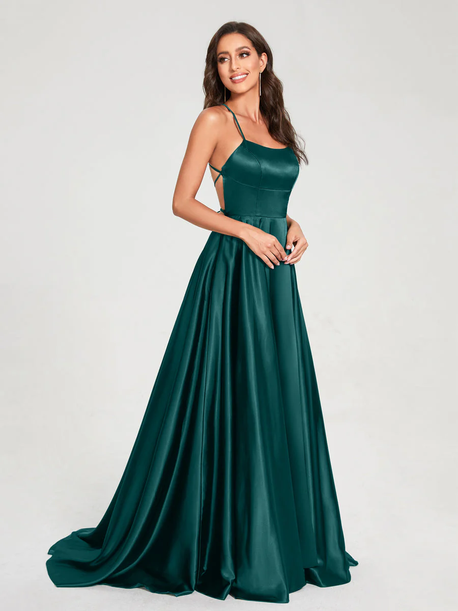 A-Line/Princess Spaghetti Straps Sleeveless Floor-Length Split Side Backless Bridesmaid Dresses - Image 49