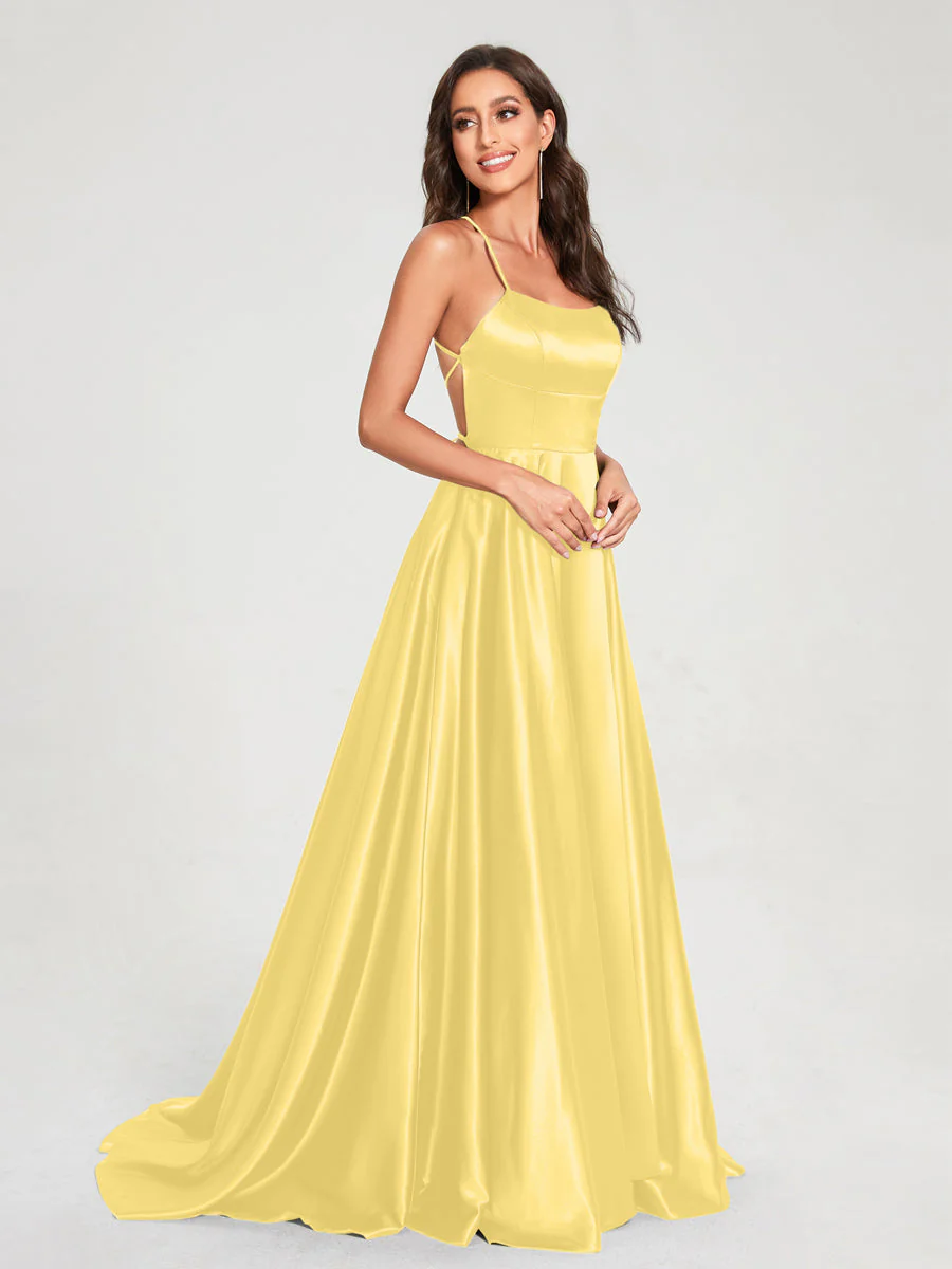 A-Line/Princess Spaghetti Straps Sleeveless Floor-Length Split Side Backless Bridesmaid Dresses - Image 51