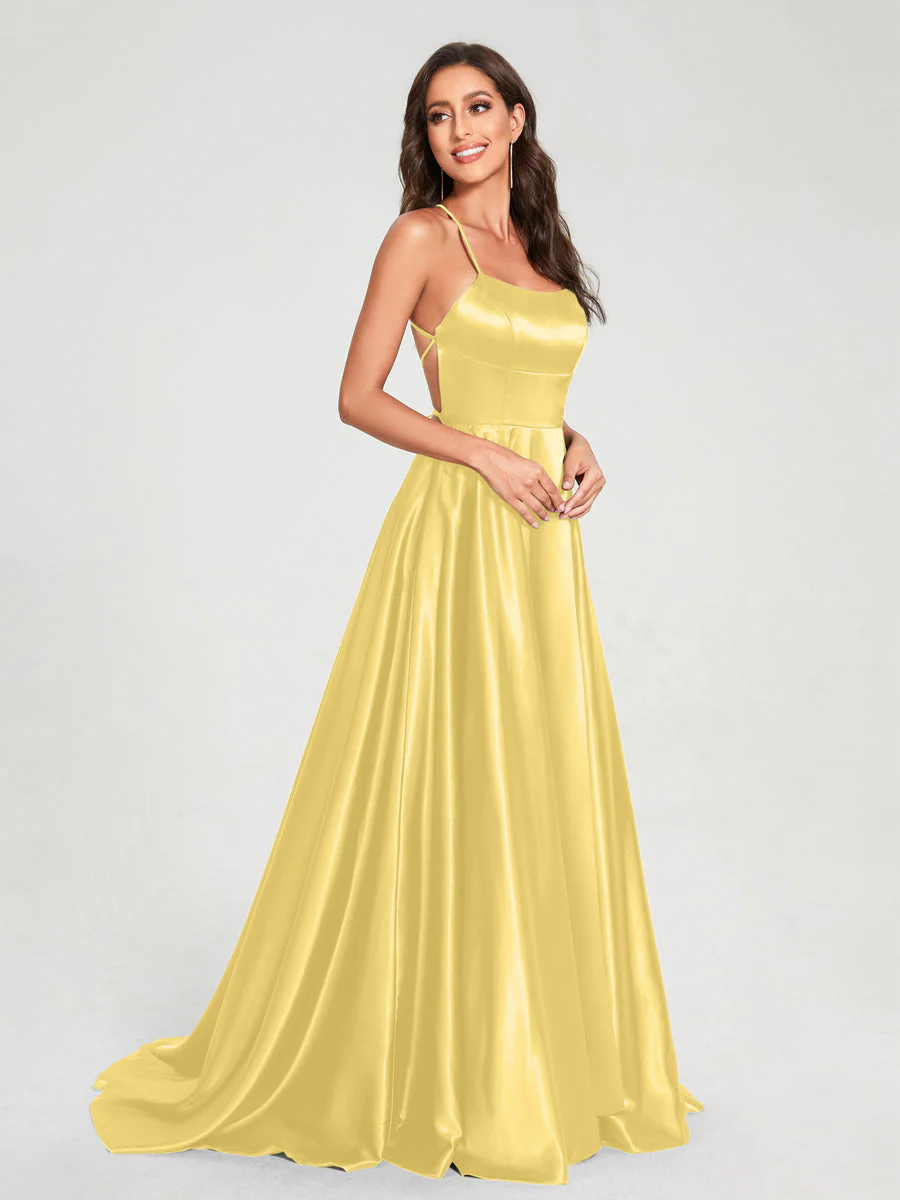 A-Line/Princess Spaghetti Straps Sleeveless Floor-Length Split Side Backless Bridesmaid Dresses - Image 52