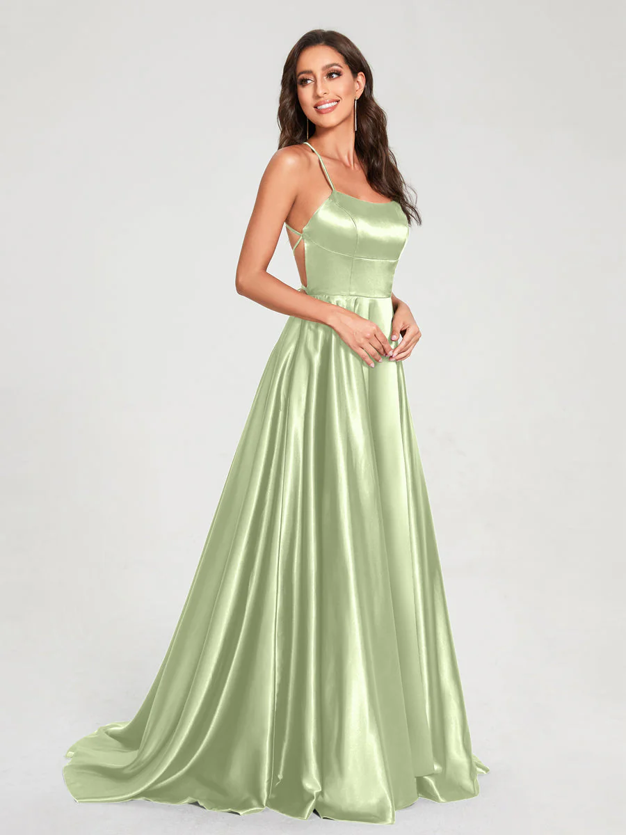 A-Line/Princess Spaghetti Straps Sleeveless Floor-Length Split Side Backless Bridesmaid Dresses - Image 9