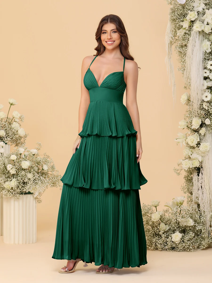 A-Line/Princess Spaghetti Straps Sleeveless Floor-Length Tiered Bridesmaid Dresses With Pleats - Image 12