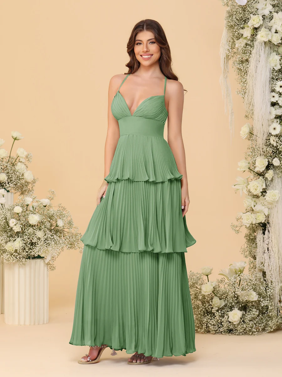 A-Line/Princess Spaghetti Straps Sleeveless Floor-Length Tiered Bridesmaid Dresses With Pleats - Image 17
