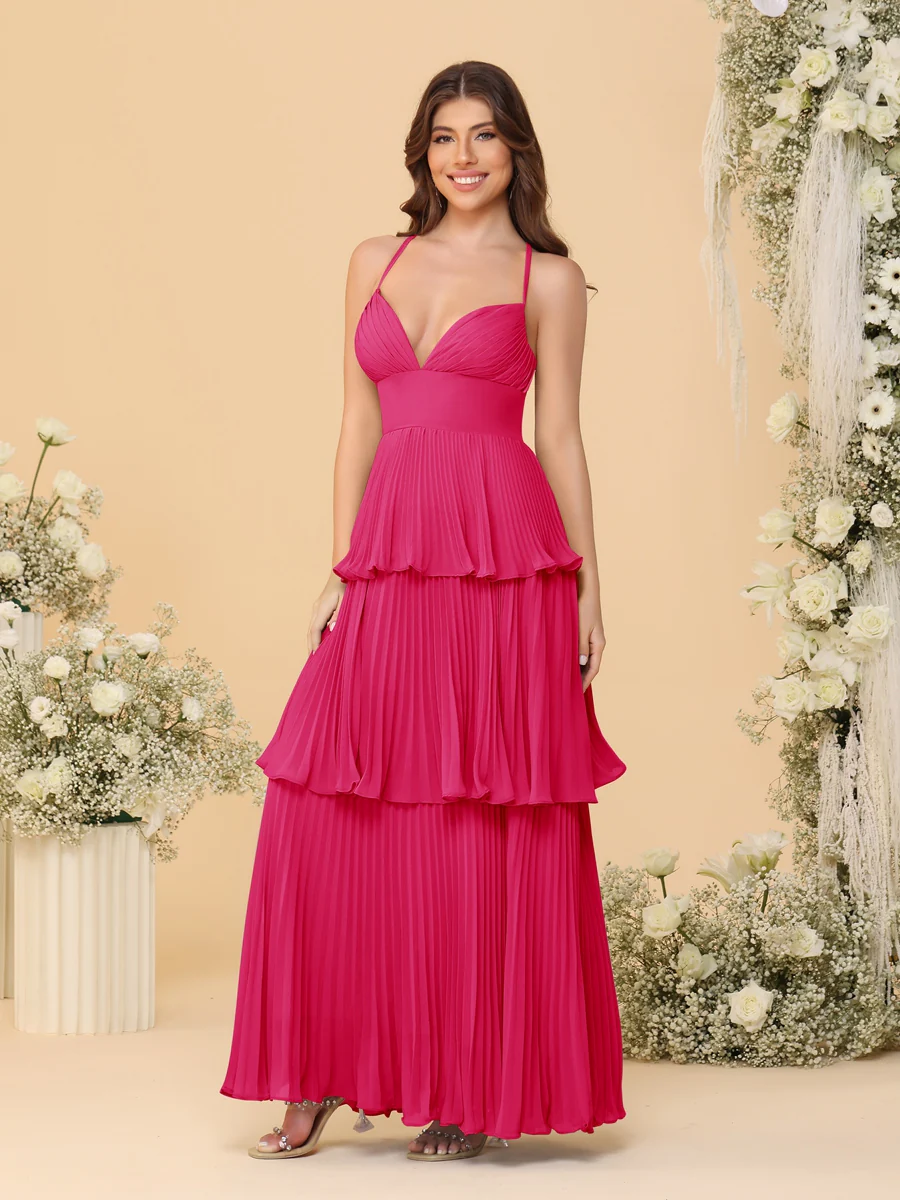 A-Line/Princess Spaghetti Straps Sleeveless Floor-Length Tiered Bridesmaid Dresses With Pleats - Image 28
