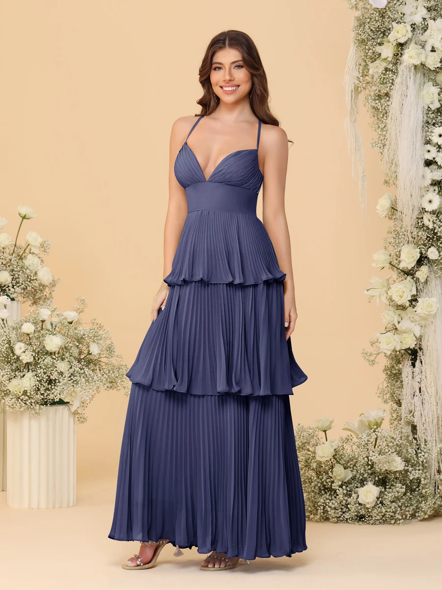 A-Line/Princess Spaghetti Straps Sleeveless Floor-Length Tiered Bridesmaid Dresses With Pleats - Image 61