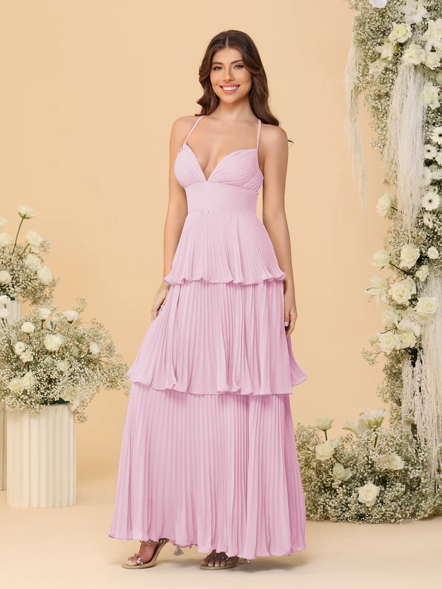 A-Line/Princess Spaghetti Straps Sleeveless Floor-Length Tiered Bridesmaid Dresses With Pleats - Image 68
