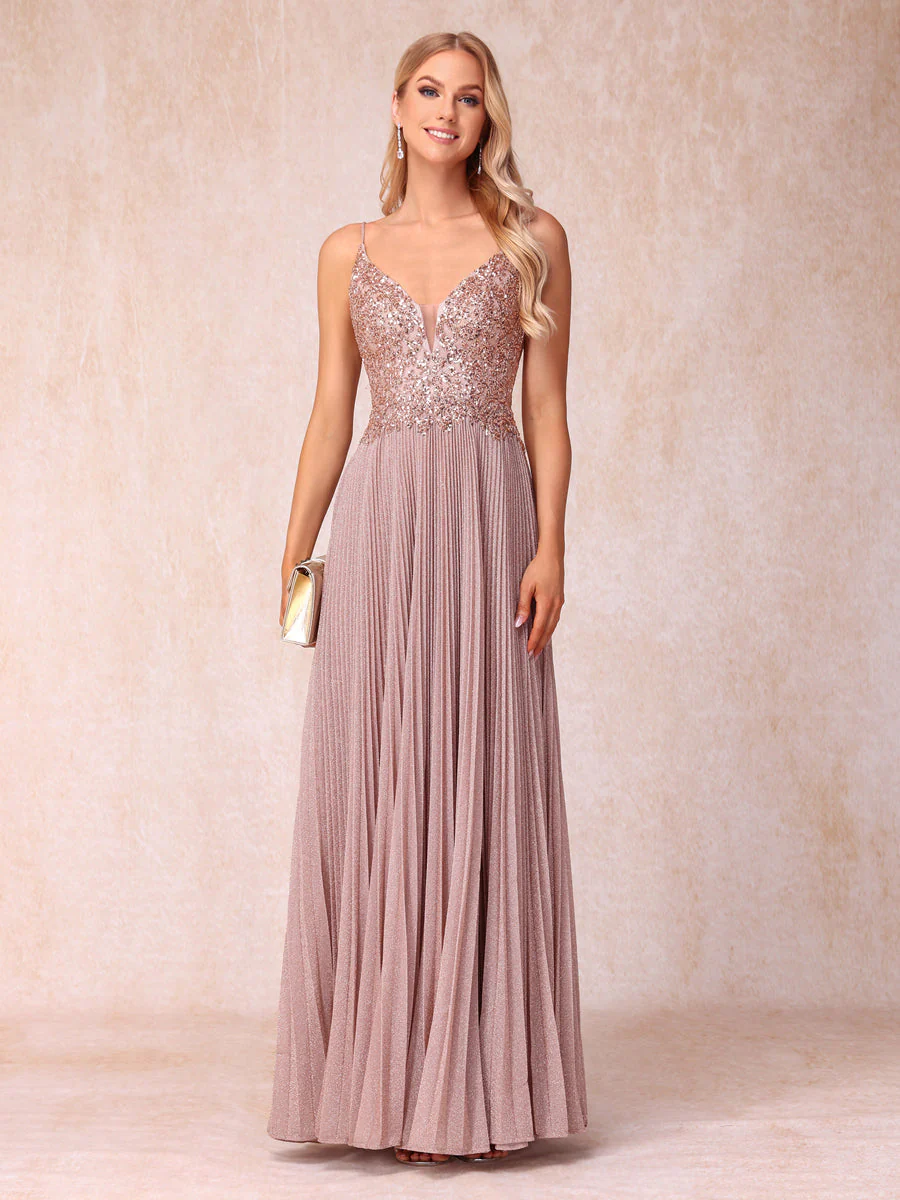 A-Line/Princess Spaghetti Straps Sleeveless Long Formal Evening Dresses with Sequins - Image 3