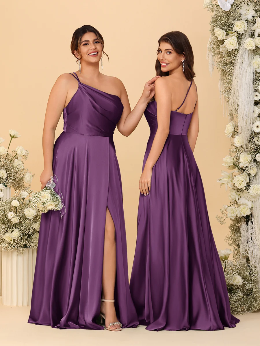 A-Line/Princess Spaghetti Straps Sleeveless Long Ruched Bridesmaid Dresses With Split Side - Image 37