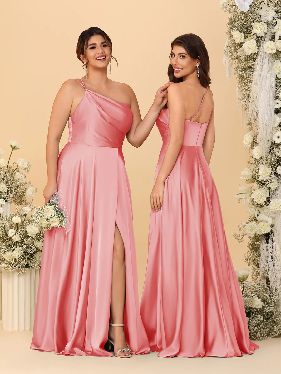 A-Line/Princess Spaghetti Straps Sleeveless Long Ruched Bridesmaid Dresses With Split Side - Image 54