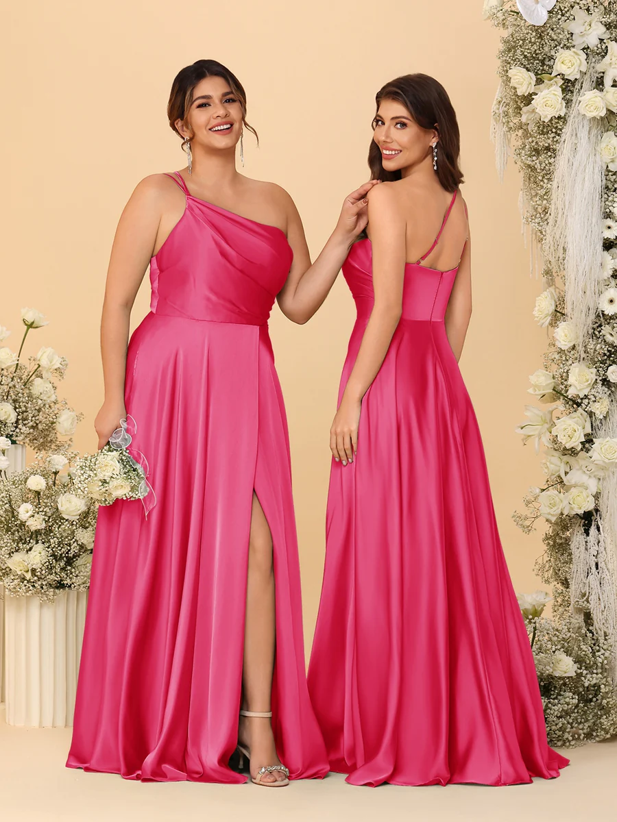 A-Line/Princess Spaghetti Straps Sleeveless Long Ruched Bridesmaid Dresses With Split Side - Image 61