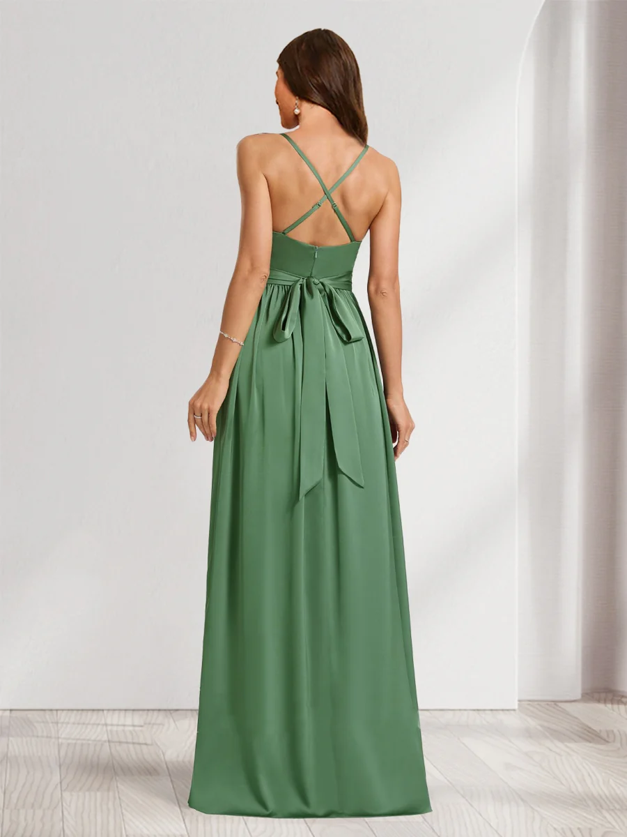 A-Line/Princess Spaghetti Straps Sleeveless Ruched Baby Shower Bridesmaid Dresses with Bow Tie - Image 2
