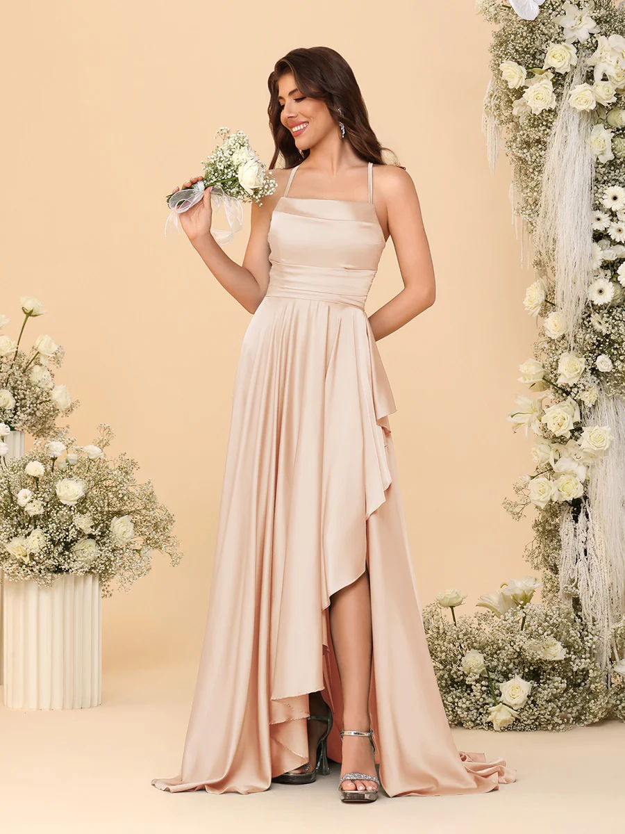 A-Line/Princess Spaghetti Straps Sleeveless Sweep Train Bridesmaid Dresses With Split Side - Image 16
