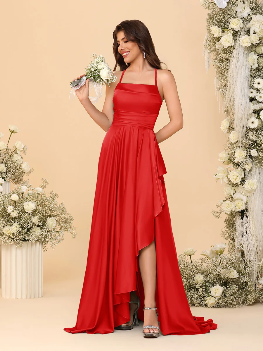 A-Line/Princess Spaghetti Straps Sleeveless Sweep Train Bridesmaid Dresses With Split Side - Image 17