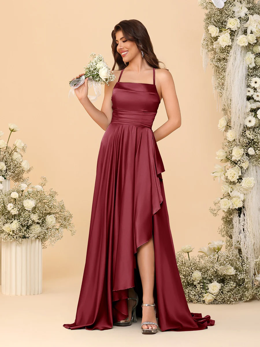 A-Line/Princess Spaghetti Straps Sleeveless Sweep Train Bridesmaid Dresses With Split Side - Image 28