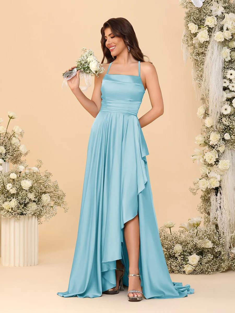 A-Line/Princess Spaghetti Straps Sleeveless Sweep Train Bridesmaid Dresses With Split Side - Image 36