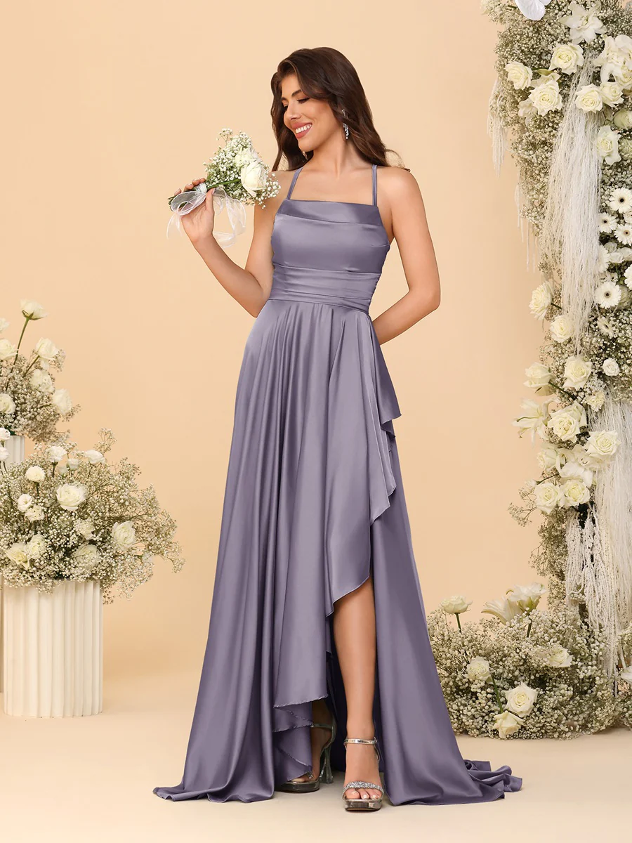 A-Line/Princess Spaghetti Straps Sleeveless Sweep Train Bridesmaid Dresses With Split Side - Image 37