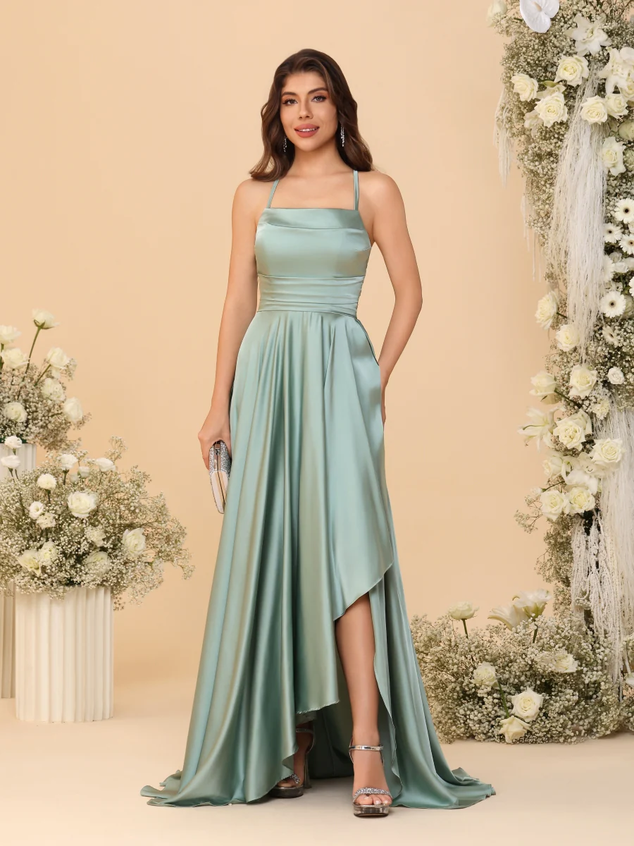 A-Line/Princess Spaghetti Straps Sleeveless Sweep Train Bridesmaid Dresses With Split Side - Image 4