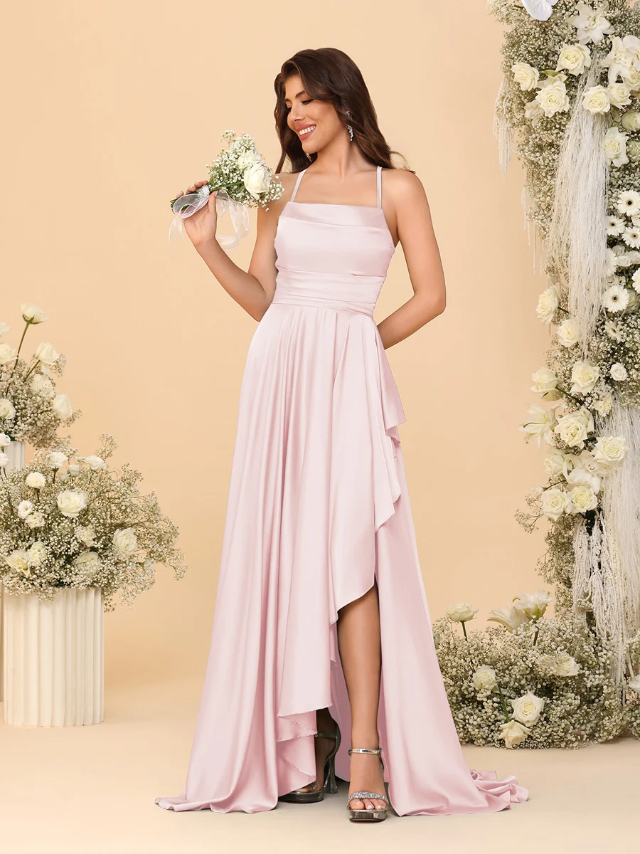 A-Line/Princess Spaghetti Straps Sleeveless Sweep Train Bridesmaid Dresses With Split Side - Image 66