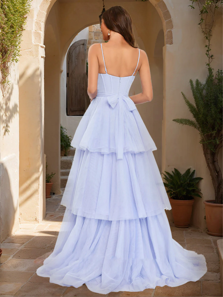 A-Line/Princess Spaghetti Straps Sleeveless Tiered Prom Dresses - Image 2