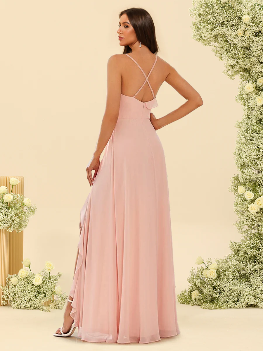 A-Line/Princess Spaghetti Straps Split Side Bridesmaid Dresses With Ruffles - Image 2