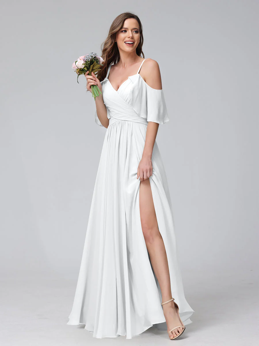 A-Line V-Neck Chiffon Long Bridesmaid Dresses With Split Side & Spaghetti Straps - Image 19