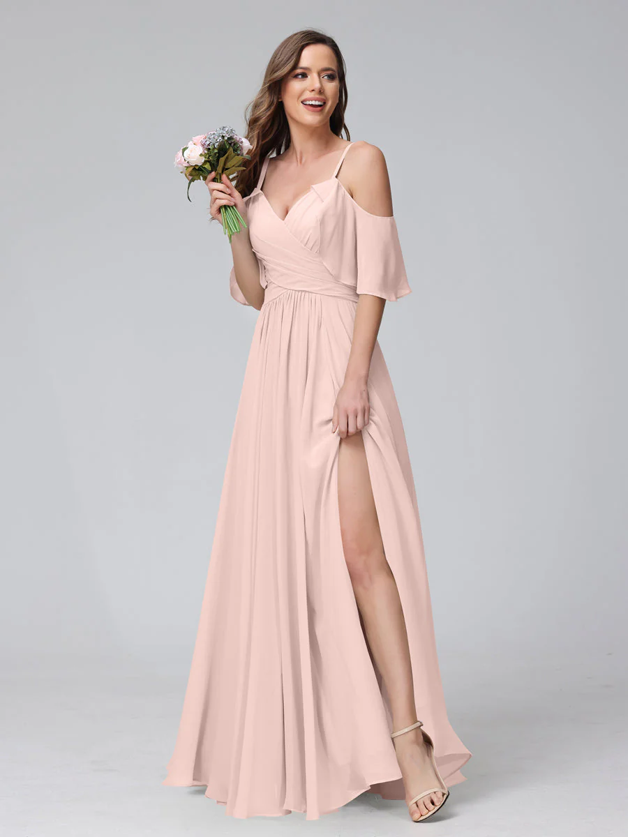 A-Line V-Neck Chiffon Long Bridesmaid Dresses With Split Side & Spaghetti Straps - Image 26