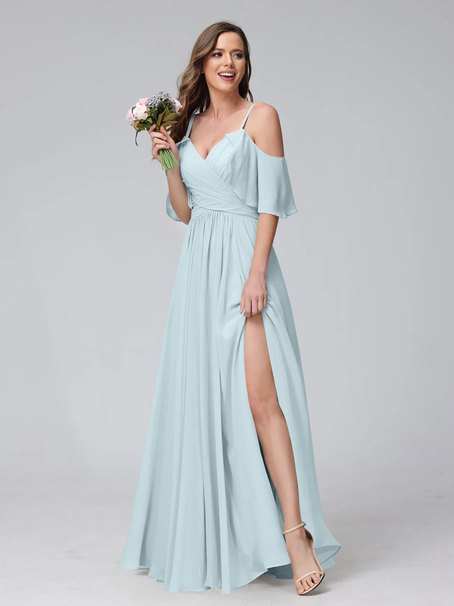 A-Line V-Neck Chiffon Long Bridesmaid Dresses With Split Side & Spaghetti Straps - Image 47